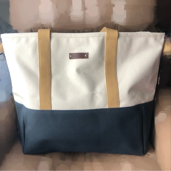 L.L. Bean Bags Ll Bean Extra Large Tote Noreaster Khaki And Navy Blue Canvas Bag Poshmark